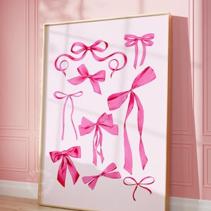 Póster de coqueta con lazo rosa, decoración con cinta para el pelo, estética preppy, decoración de dormitorio de abuela costera, balletcore, cottagecore, descarga digital de moda