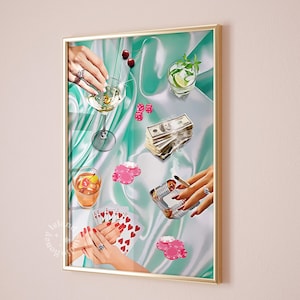 Poster di carte da gioco, carte e bevande per la serata di poker verde, poster di carte da poker retrò, stampe murali retrò con donne che giocano a carte