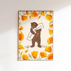 Kocham kalifornijski niedźwiedź, wydruk uścisku, retro kalifornijski mak, ilustracja kalifornijskiego niedźwiedzia, kalifornijskie maki do druku, CYFROWE