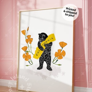 J'aime l'impression de câlins d'ours de Californie, rétro coquelicot de Californie, illustration d'ours de Californie, affiche imprimée de coquelicots de Californie