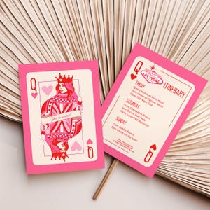 Plantilla de invitación de despedida de soltera de reina de corazones para cumpleaños de póquer en Las Vegas, plantilla editable Itinerario de despedida de soltera - PLANTILLA CANVA