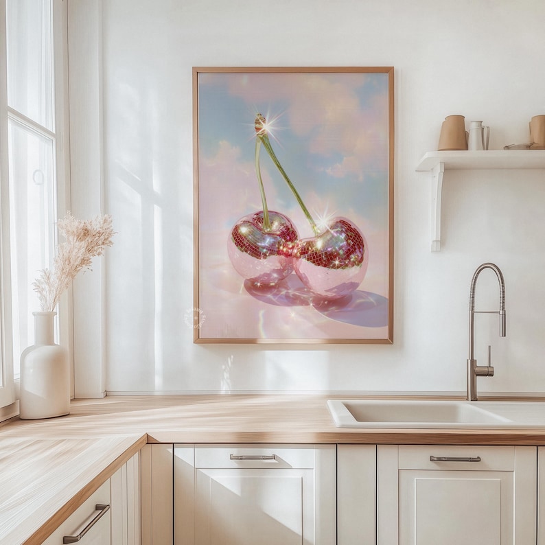 Cherry Disco Balls Surreal Art Print, Cherry Disco Print, Disco Balls, Disco Ball Cherries, Disco Cherry, Pink Cherry Wall Art, UNFRAMED