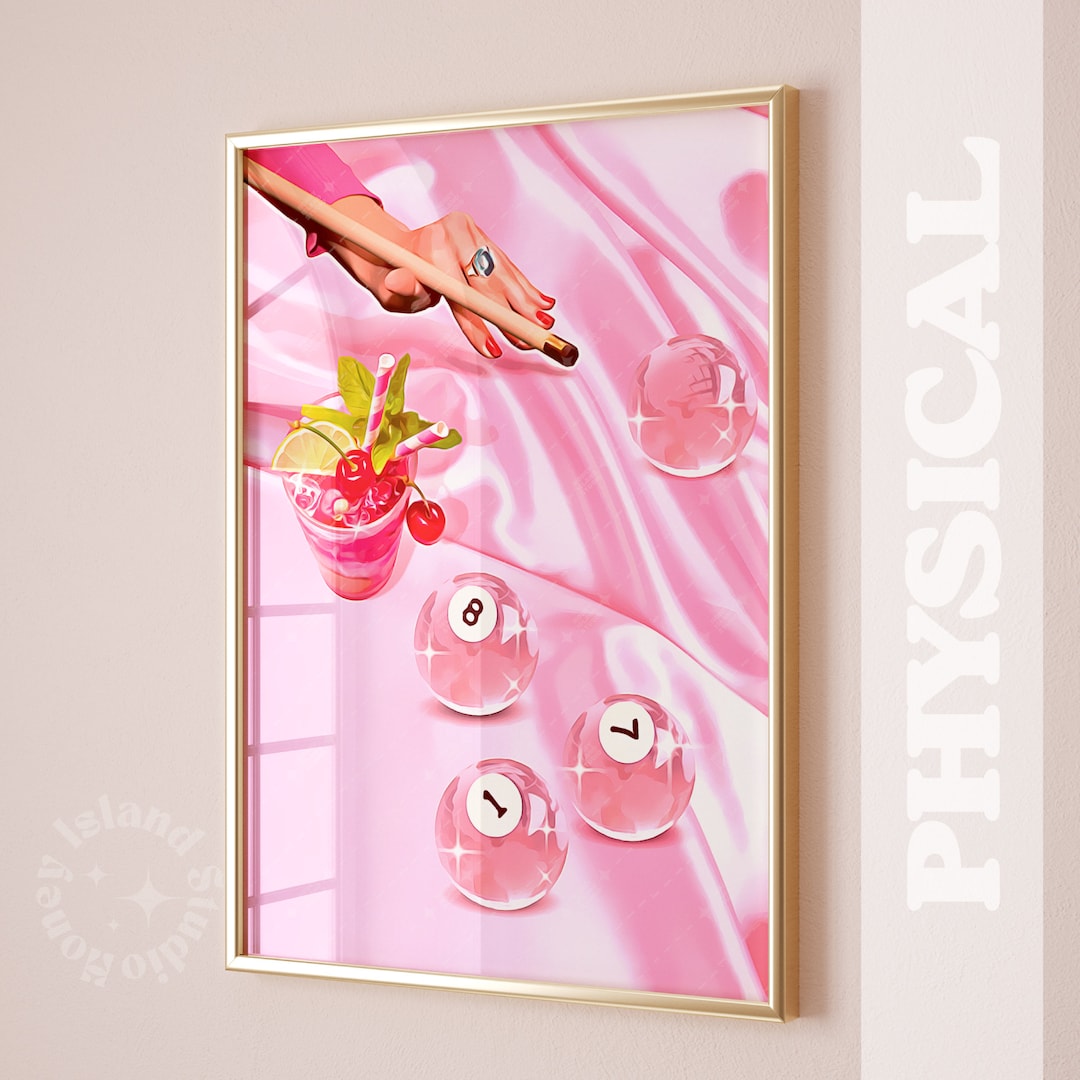 Billiards Print, Pink Playing Pool, Ball 8 Wall Print, Retro Billiards