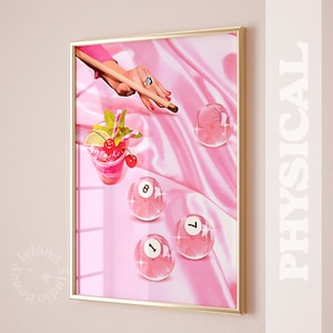 Impression billard, jeu de billard rose, impression murale boule 8, boissons billard rétro, impression poster rétro, art mural féminin, impressions disco roses