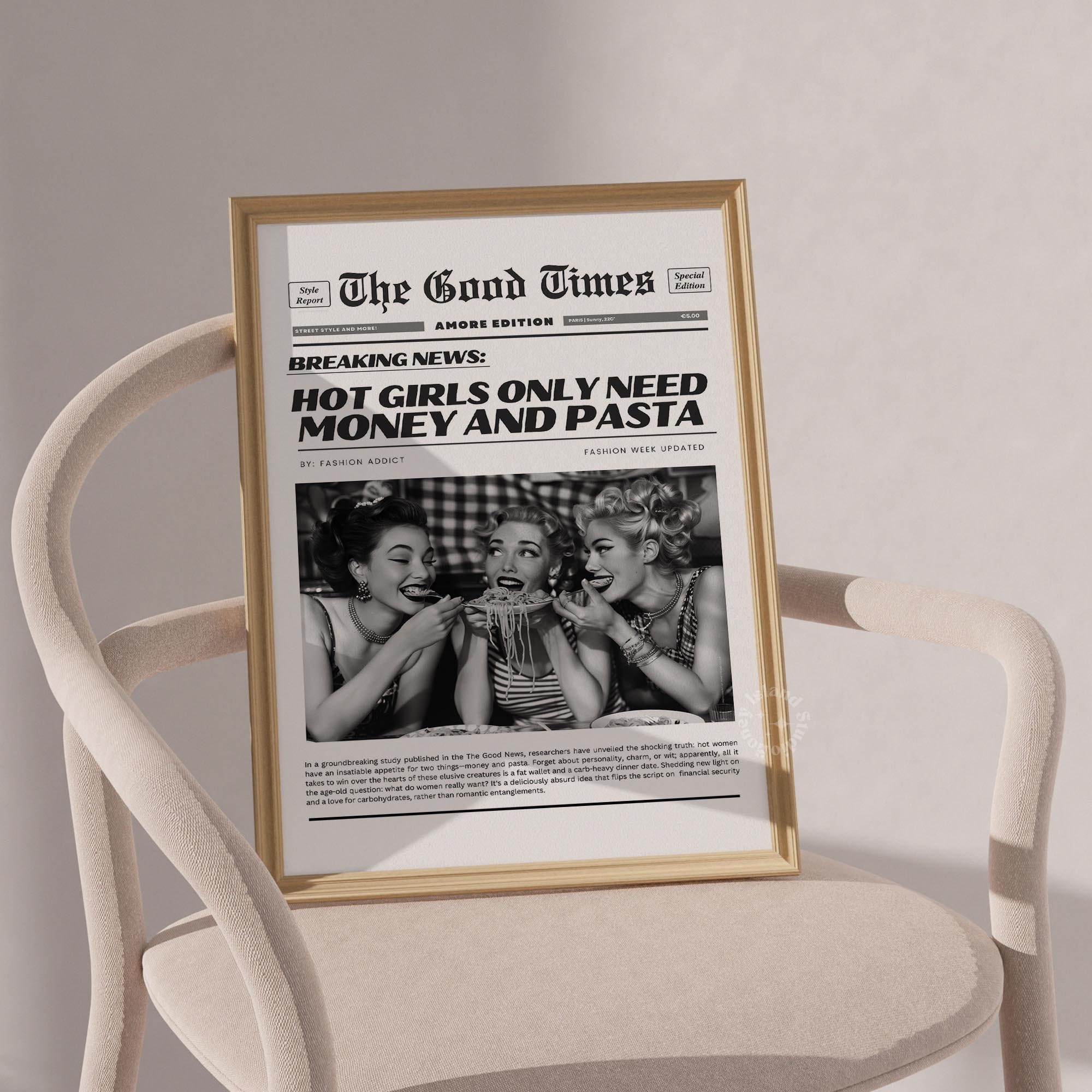 Retro Newspaper Print | Hot Girls, Money & Pasta (digital Download
