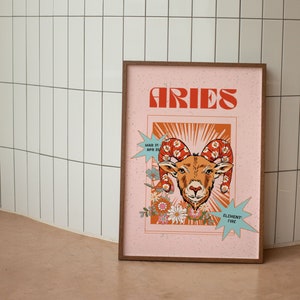 Plakat Baran, wydruk zodiaku Baran, dekoracja ścienna retro, wydruk cyfrowy do pobrania, duża sztuka do wydruku, wydruki do pobrania Baran