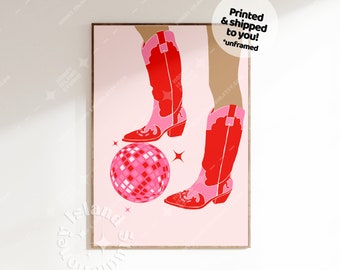 Disco Cowgirl Boots Print, Nashville Wall Art, Preppy Dorm Decor