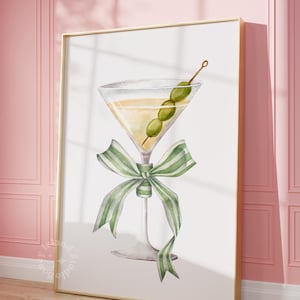 Wydruk kokardy Martini, plakat Dirty Martini, dekoracja wózka Green Bar, kieliszki do koktajli Coquette Martini, modny wózek barowy, dekoracja pokoju w akademiku, BEZ RAMY