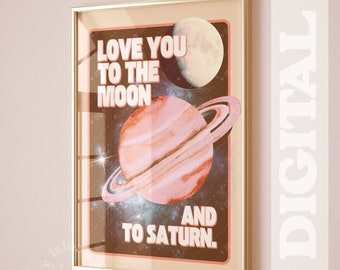 Love You To The Moon Poster, Retro Y2K Dorm Decor (Digital Download)