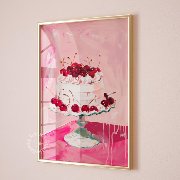 retro cake print pink kitchen decor preppy dorm decor preppy cake poster coquette wall art cherry cake painting dorm decor instant download