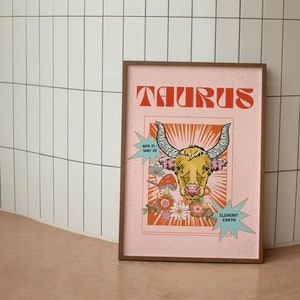Taurus Poster, Zodiac Taurus  Print, Retro Wall Decor, Digital Download Print, Large Printable Art, Taurus Downloadable Prints
