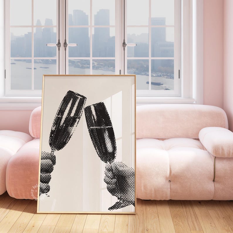 May include: Black and white illustration of two champagne glasses clinking together. The glasses are filled with champagne and the hands holding the glasses are visible.