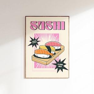 Sushi Print, Retro Sushi Poster, Sushi Kitchen Wall Art, Retro Vintage Sushi, Preppy Dorm Decor, Apartment Decor