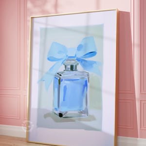 Perfume Bottle Blue print vintage art print pop art perfume wall art perfume  Home Decor trendy prints, blue coquette bow DIGITAL DOWNLOAD