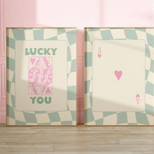 Lucky You Print Set of 2, Green Pink Lucky You Prints, Trendy Bar Cart, Y2k Art Print, Preppy Dorm Room Decor, Retro Aesthetic,