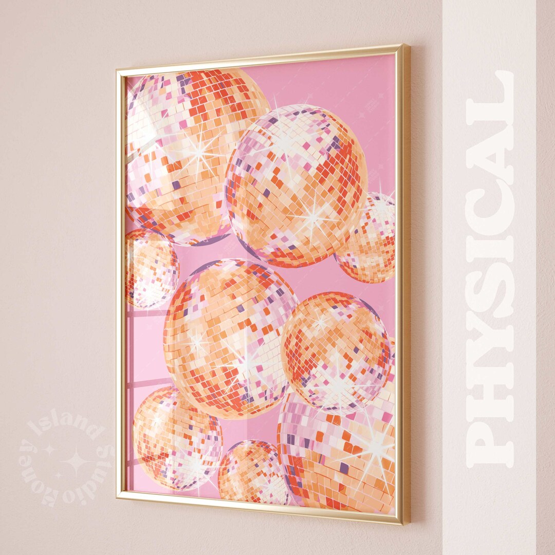 Disco Ball Wall Art, Pink Disco Ball Decor Print, Pink Orange Shining