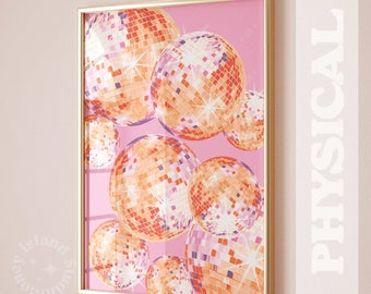 Disco Ball Wall Art, Pink Disco Ball Decor Print, Pink Orange Shining Disco Ball, Shining Disco Ball, Trendy Wall Art