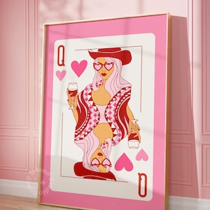 Cowgirl Queen of Hearts Print, Preppy Dorm Wall Art,  Western Poster for Her,Bar Cart Decor, Pink Poker Card Art, UNFRAMED