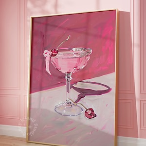 Trendy bar cart decor, Cocktail glass painting cherry, bar cart decor, Pink Cocktail print, dorm decor, fine art print, kitchen wall decor
