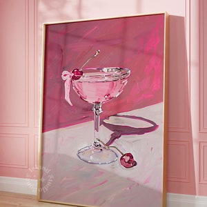 Trendy bar cart decor, Cocktail glass painting cherry, bar cart decor, Pink Cocktail print, dorm decor, fine art print, kitchen wall decor