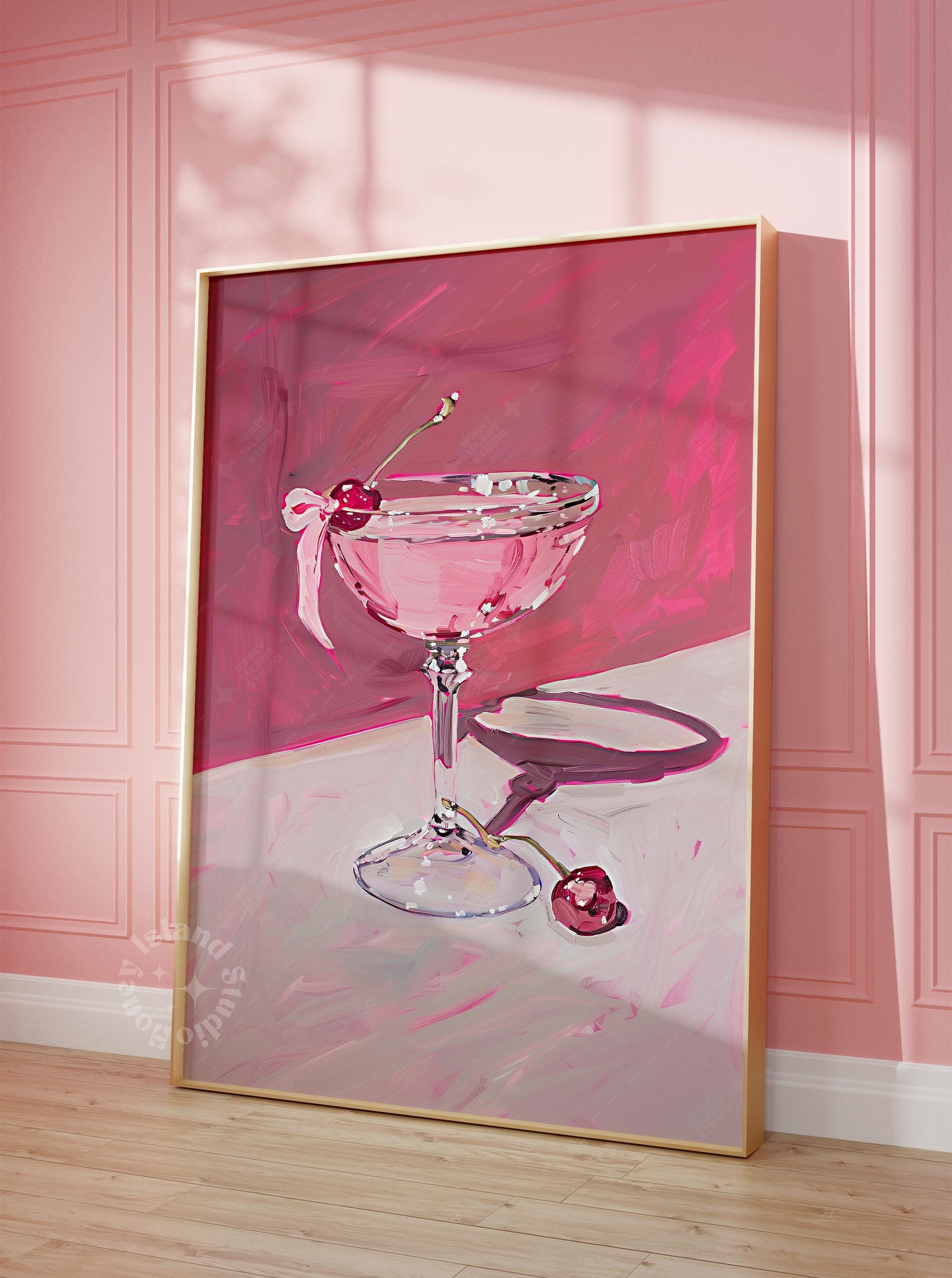 Decoración moderna para carrito de bar, pintura de copas de cóctel con cereza, decoración de carrito de bar, impresión de cóctel rosa, decoración de dormitorio, impresión de bellas artes, decoración de pared de cocina