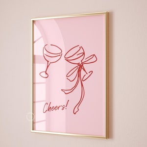 Cheers Bar Cart, Champagne Bow prints, Bar cart pink decor, Coquette bow, Champagne glass print, UNFRAMED