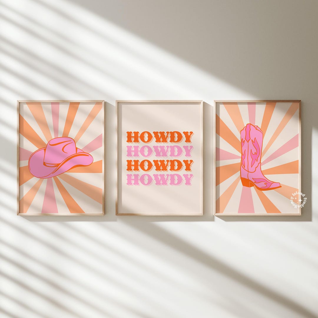 retro cowgirl art prints - set of 3 - digital download... Cowgirl Prints Set, Pink Orange Retro Western Decor (digital Download ...