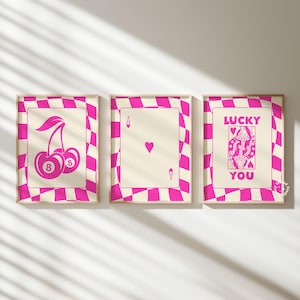 Zestaw 3 Lucky You Pink Retro Cherry Ball 8 Print, Modny wózek barowy, Wydruk artystyczny Y2k, Wystrój pokoju w akademiku Preppy, Estetyka retro, POBIERANIE CYFROWE
