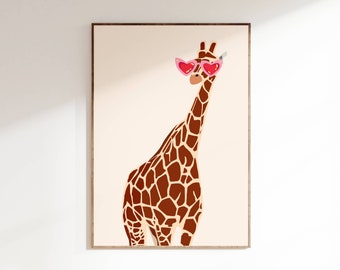 Giraffe with Heart Glasses Print, Boho Safari Nursery Art (Digital Download)