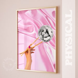Impresión de palillos de discoteca, bola de discoteca rosa, decoración Y2K, habitación femenina, decoración rosa, arte de pared moderno y funky