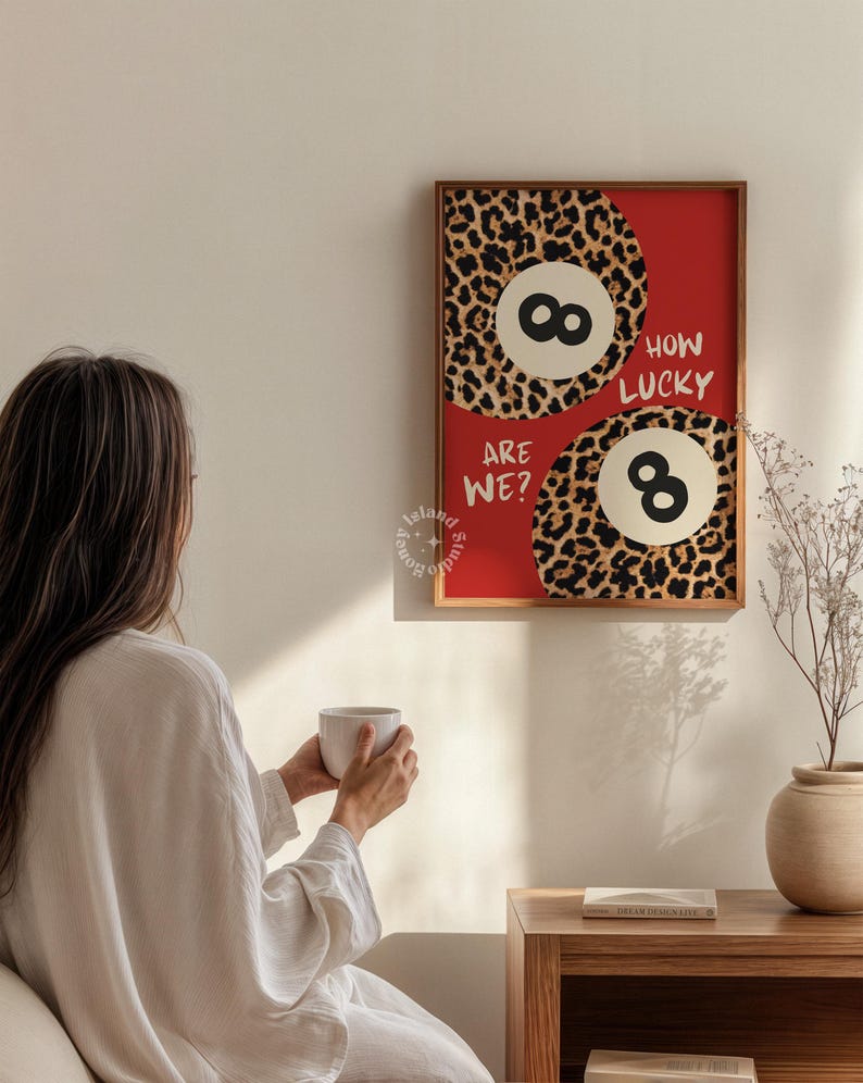 How Lucky Are We Print | Trendy 8 Ball Wall Art with Red & Leopard Aesthetic | Retro Poster for Bedroom, Dorm, Gallery Wall Decor UNFRAMED