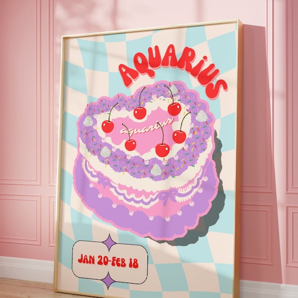 Aquarius Print Poster, Zodiac Aquarius Cake Sign, Retro Wall Decor, Digital Download Print, Large Printable Art, Aquarius Cake Art