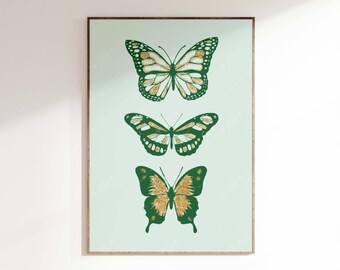 Green Butterfly Poster, Trendy Gold Glitter Print