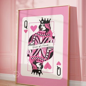 Queen of Hearts Print, Trendy Bar Cart Decor, Champagne prints, Pink Queen of Hearts Poker Card, Dorm Decor UNFRAMED