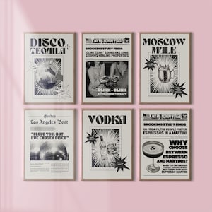 Bar Cart Gallery Set of 6, Retro Disco, Tequila, Vodka, Champagne Gallery Wall Poster, Trendy Bar Cart, Dorm Room Decor, Funki Wall Art