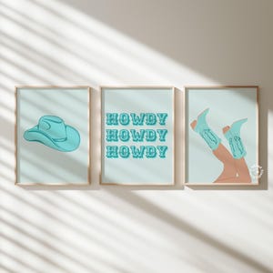 Set of 3 Cowgirl Printable Wall Art,  Turquoise Western Wall art, Blue Cowgirl Boots Boho Wall decor, Turquoise Blue prints INSTANT DOWNLOAD