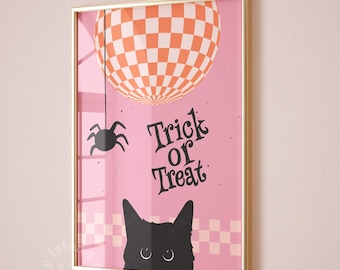 Black Cat Halloween Print, Pink Disco Wall Art (Instant Download)