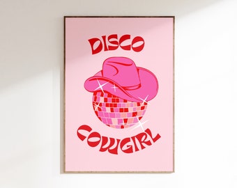 Retro rosa cowgirl-hut mit disco-kugel, grooviger disco-cowboy-western und  wild-west-themenvektor