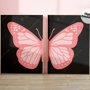 Butterfly Wall Art Print Set of 2, Split Butterfly wall art, Pink Preppy Dorm  decor, Maximalist Home decor, Digital Prints,