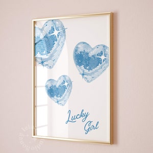 lucky girl print disco y2k trendy wall decor blue white dorm decor preppy dorm