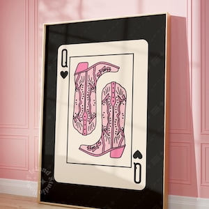 Impresión de Reina de Corazones, Arte de pared con Botas de Vaquera, Impresiones de pared retro de moda de cartas de póker, Decoración de dormitorio, Estampados occidentales Impresión rosa femenina SIN MARCO