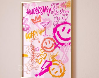May include: A pink and orange framed print with a white background. The print features a tiger, hearts, smiley faces, and the words "Awesome!" and "Dream just big, work hard, dream more, open your heart, forget the rest".