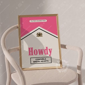Retro Howdy Print, Cowgirl Prints, Pink Cigarette Pack Print, Western Poster, Preppy Dorm Decor, Bar cart wall art, Howdy Cowgirl Pint,