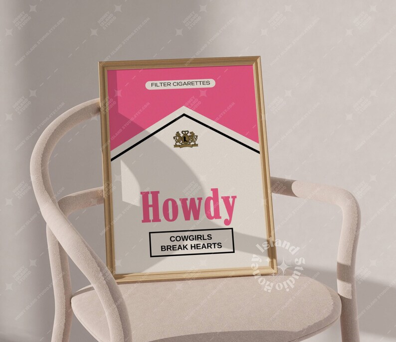Retro Howdy Print, Cowgirl Prints, Pink Cigarette Pack Print, Western Poster, Preppy Dorm Decor, Bar cart wall art, Howdy Cowgirl Pint,
