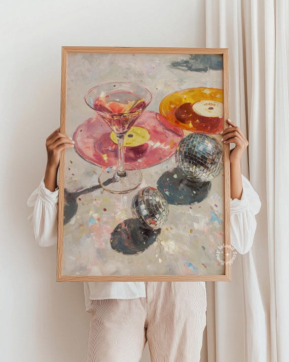 Martini & Disco Ball Art Print: Light Pink Bar Cart Decor (UNFRAMED)
