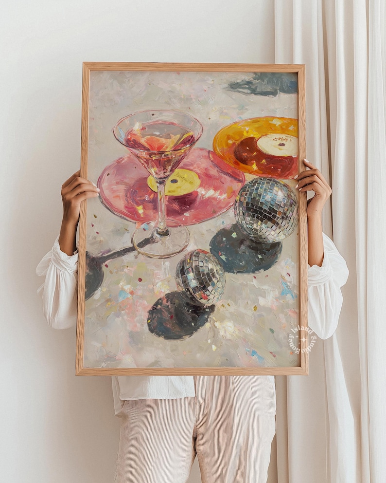 Martini wall art, Disco ball poster, Bar cart prints, Light pink wall art, Disco poster, Bar cart decor, Cocktail Oil Painting art, UNFRAMED