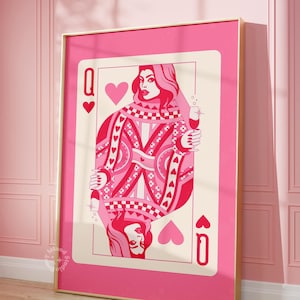 Queen of hearts champagne bar cart decor preppy wall decor, Pink girly wall decor, trendy poker card, Pink dorm decor, Bar cart, UNFRAMED