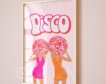 May include: Two women in pink and orange dresses hold disco balls over their heads. The background is pink with white rays of light. The word "DISCO" is written in large, white letters with pink outlines.