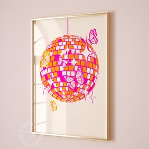 Preppy disco ball Print, retro wall decor, trendy maximalist poster, butterfly disco ball, preppy dorm decor, disco print | instant download