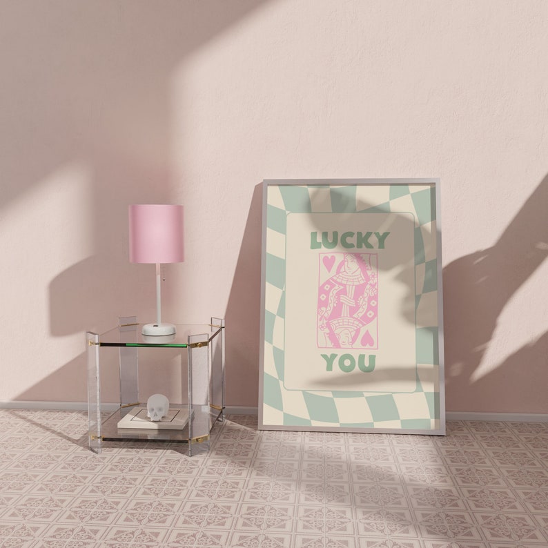 Retro Lucky You Print, Trendy Lucky You Prints, Lucky You Bar Cart, Pink Sage Green Y2k Art Print, Preppy Dorm Room Decor, Retro Aesthetic,
